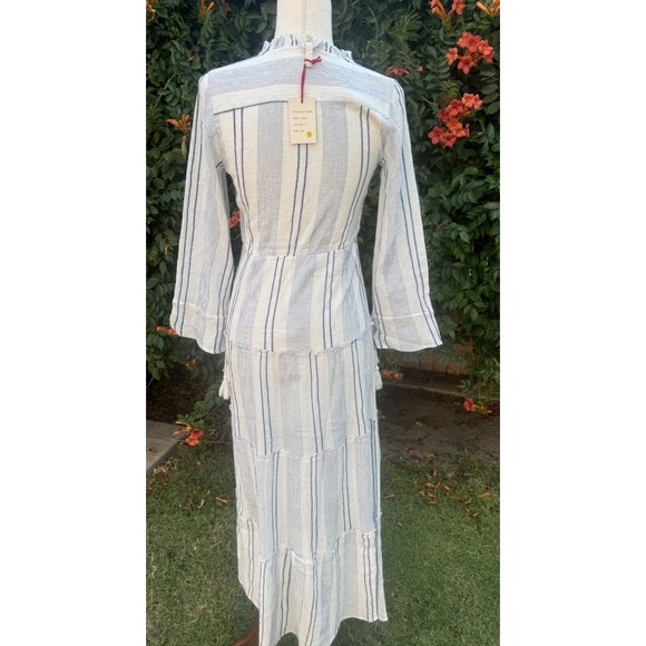 Raga Boho Maxi Dress Blue Embroidered Striped Fringe Indie Festival Bohemian XS - Picture 4 of 5